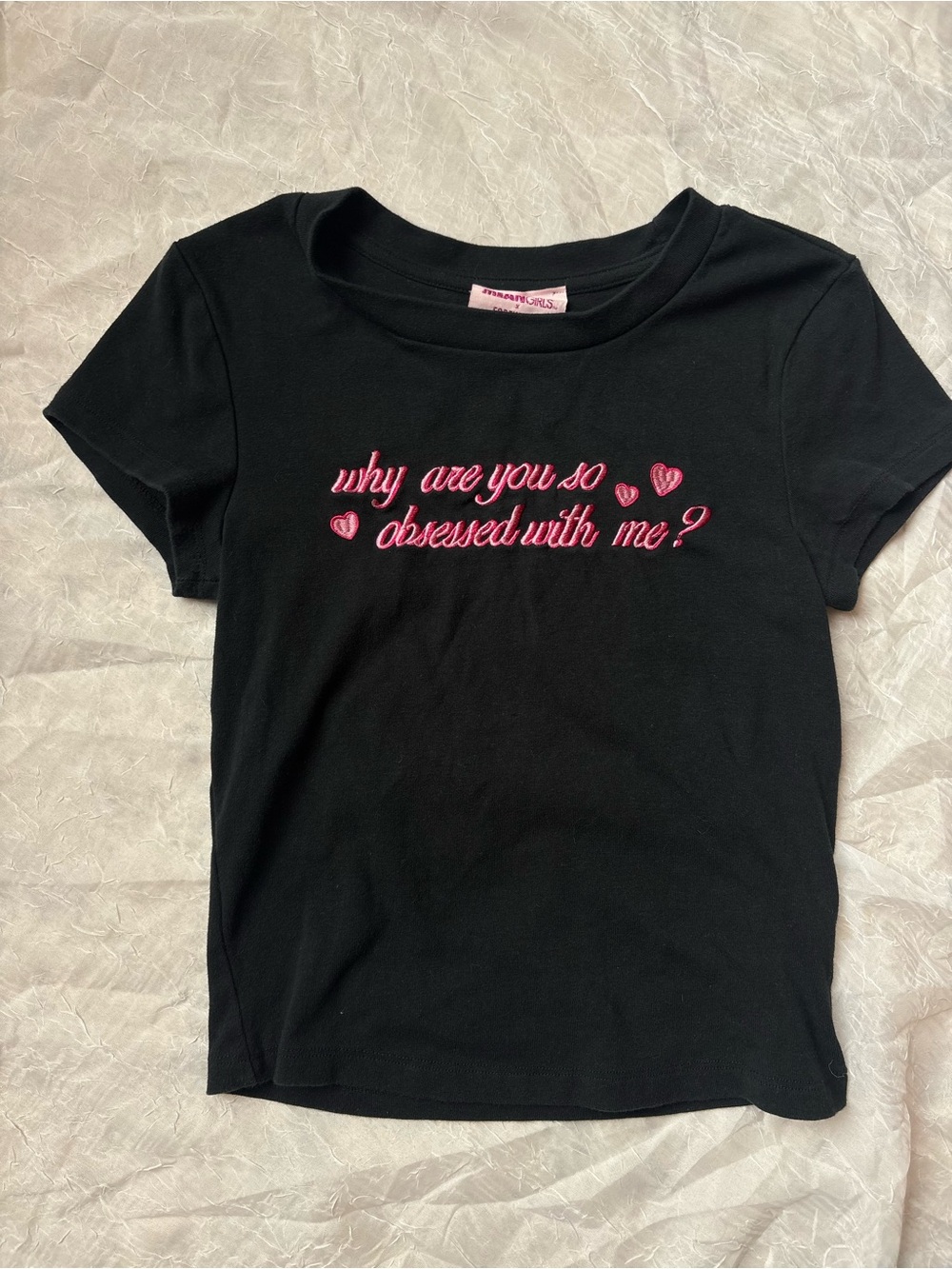 Forever 21 Black Tee with Pink Script Hearts Embroidery